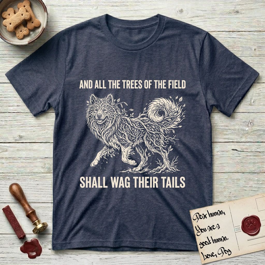 Trees of the Field Samoyed T-Shirt flat lay in Heather Navy, featuring a vintage woodcut illustration of a Samoyed formed of white birch branches with catkins, mid-stride, with the words And All the Trees of the Field Shall Wag Their Tails.