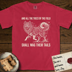 Trees of the Field Samoyed T-Shirt flat lay in Red, featuring a vintage woodcut illustration of a Samoyed formed of white birch branches with catkins, mid-stride, with the words And All the Trees of the Field Shall Wag Their Tails.