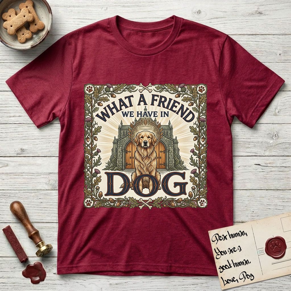 What a Friend We Have in Dog T-Shirt flat lay in Antique Cherry Red, featuring an Arts and Crafts tapestry illustration of a haloed Golden Retriever seated before a monastery, framed by an oak-leaf, acorn, and thistle border, with the word DOG below.