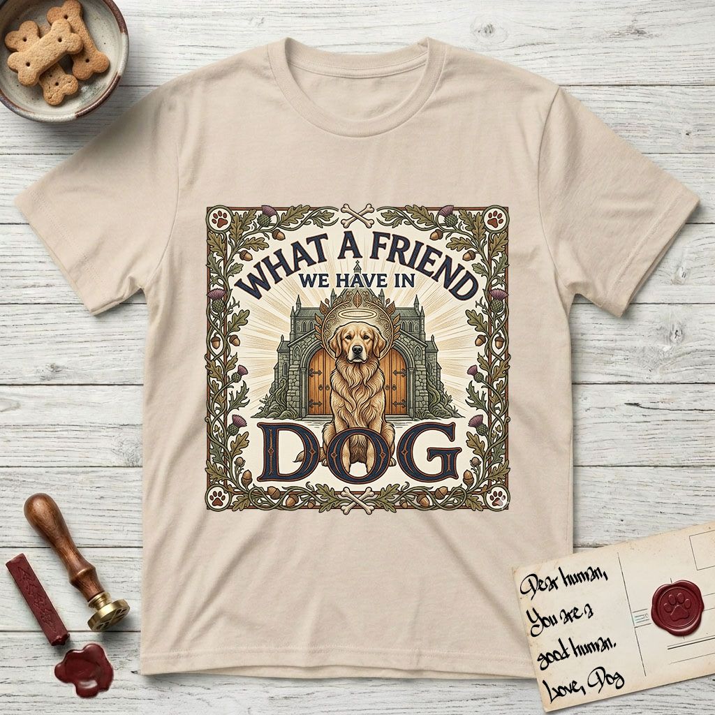 What a Friend We Have in Dog T-Shirt flat lay in Sand, featuring an Arts and Crafts tapestry illustration of a haloed Golden Retriever seated before a monastery, framed by an oak-leaf, acorn, and thistle border, with the word DOG below.