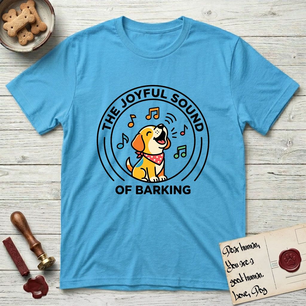 The Joyful Sound of Barking T-Shirt flat lay in Sky, featuring a flat vector cartoon emblem of a happy puppy with lifted ears surrounded by musical notes, ringed by the words The Joyful Sound of Barking.
