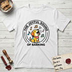 The Joyful Sound of Barking T-Shirt flat lay in White, featuring a flat vector cartoon emblem of a happy puppy with lifted ears surrounded by musical notes, ringed by the words The Joyful Sound of Barking.