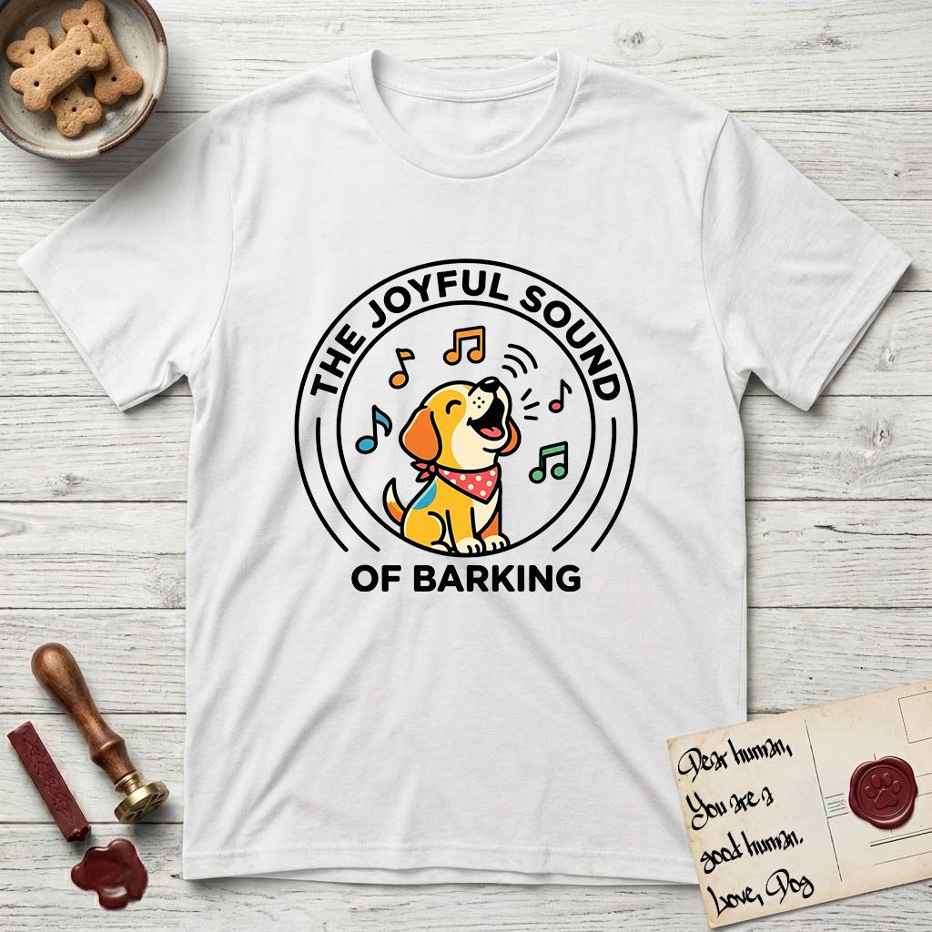 The Joyful Sound of Barking T-Shirt flat lay in White, featuring a flat vector cartoon emblem of a happy puppy with lifted ears surrounded by musical notes, ringed by the words The Joyful Sound of Barking.