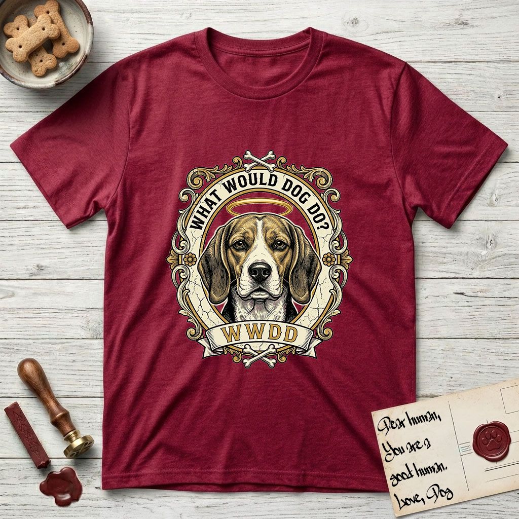 What Would Dog Do Beagle T-Shirt flat lay in Antique Cherry Red, featuring a baroque scrollwork gold portrait medallion of a haloed Beagle with the question What Would Dog Do.