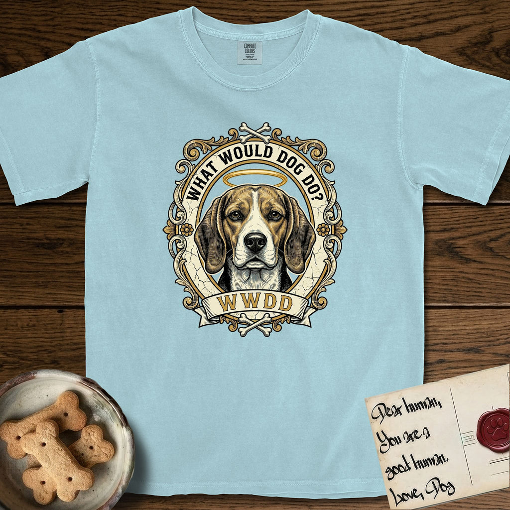 What Would Dog Do Beagle T-Shirt flat lay in Chambray, featuring a baroque scrollwork gold portrait medallion of a haloed Beagle with the question What Would Dog Do.