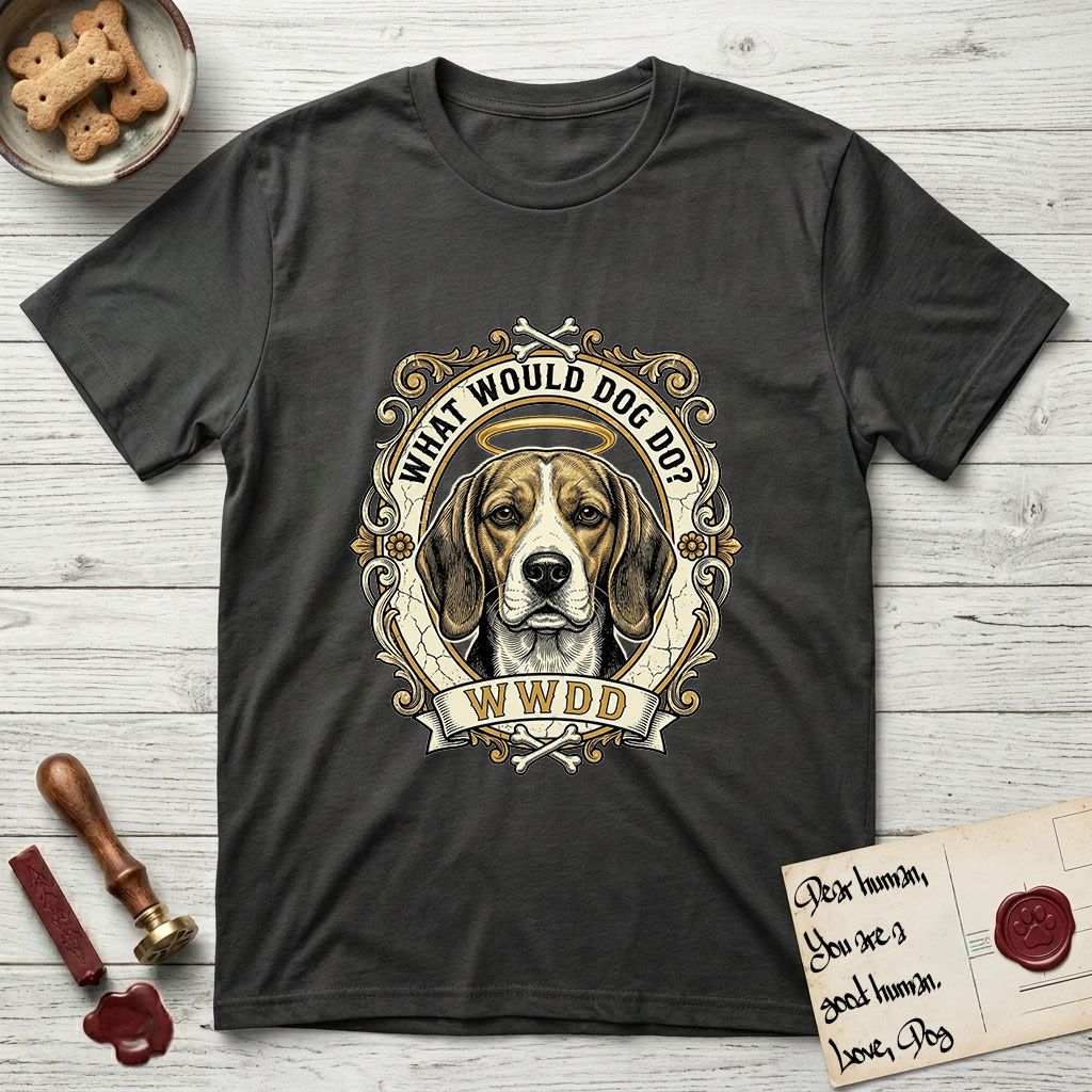 What Would Dog Do Beagle T-Shirt flat lay in Charcoal, featuring a baroque scrollwork gold portrait medallion of a haloed Beagle with the question What Would Dog Do.