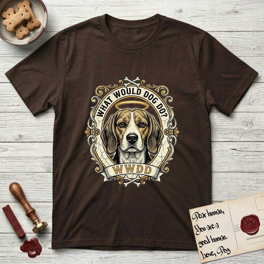 What Would Dog Do Beagle T-Shirt flat lay in Dark Chocolate, featuring a baroque scrollwork gold portrait medallion of a haloed Beagle with the question What Would Dog Do.