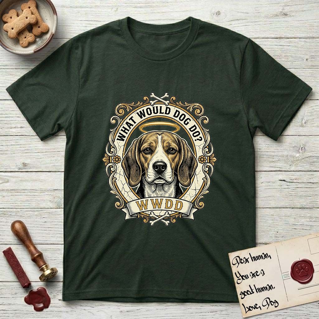 What Would Dog Do Beagle T-Shirt flat lay in Forest Green, featuring a baroque scrollwork gold portrait medallion of a haloed Beagle with the question What Would Dog Do.