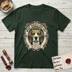 What Would Dog Do Beagle T-Shirt flat lay in Forest Green, featuring a baroque scrollwork gold portrait medallion of a haloed Beagle with the question What Would Dog Do.