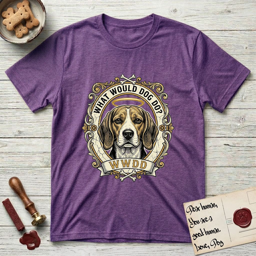 What Would Dog Do Beagle T-Shirt flat lay in Heather Purple, featuring a baroque scrollwork gold portrait medallion of a haloed Beagle with the question What Would Dog Do.
