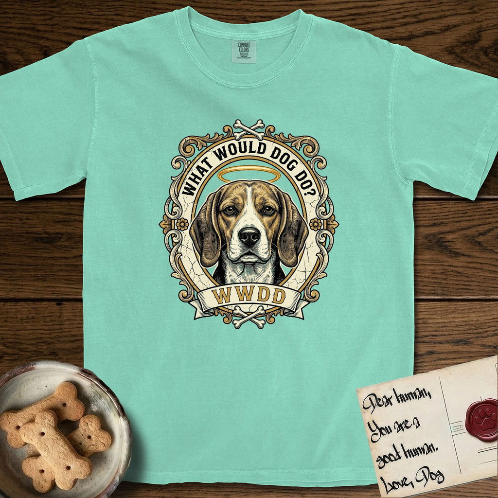 What Would Dog Do Beagle T-Shirt flat lay in Island Reef, featuring a baroque scrollwork gold portrait medallion of a haloed Beagle with the question What Would Dog Do.