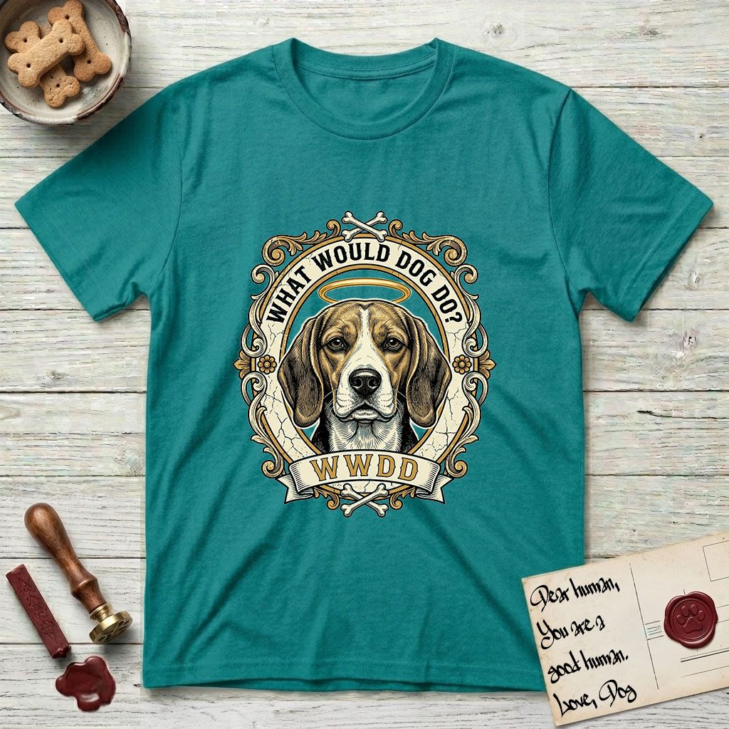 What Would Dog Do Beagle T-Shirt flat lay in Jade Dome, featuring a baroque scrollwork gold portrait medallion of a haloed Beagle with the question What Would Dog Do.