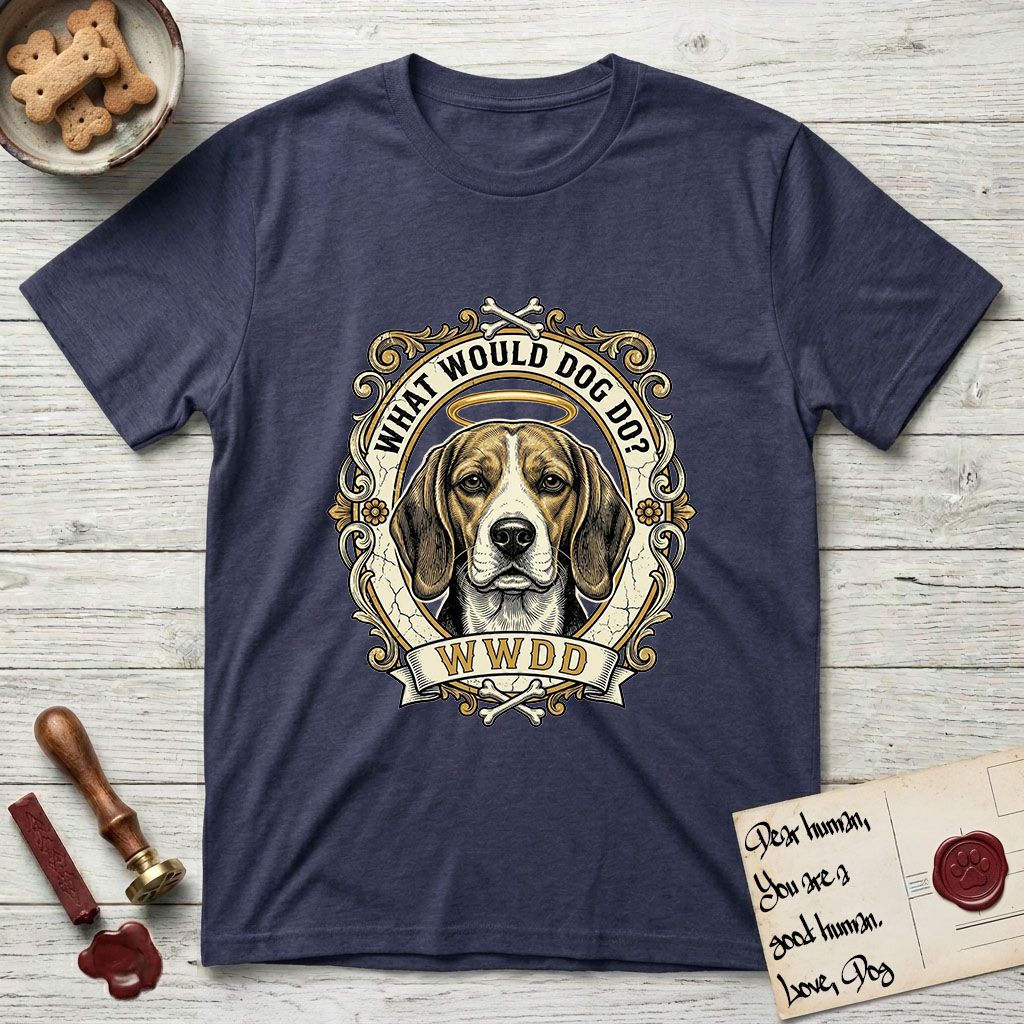 What Would Dog Do Beagle T-Shirt flat lay in Navy, featuring a baroque scrollwork gold portrait medallion of a haloed Beagle with the question What Would Dog Do.