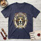 What Would Dog Do Beagle T-Shirt flat lay in Navy, featuring a baroque scrollwork gold portrait medallion of a haloed Beagle with the question What Would Dog Do.