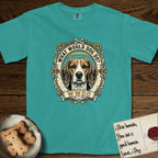 What Would Dog Do Beagle T-Shirt flat lay in Seafoam, featuring a baroque scrollwork gold portrait medallion of a haloed Beagle with the question What Would Dog Do.