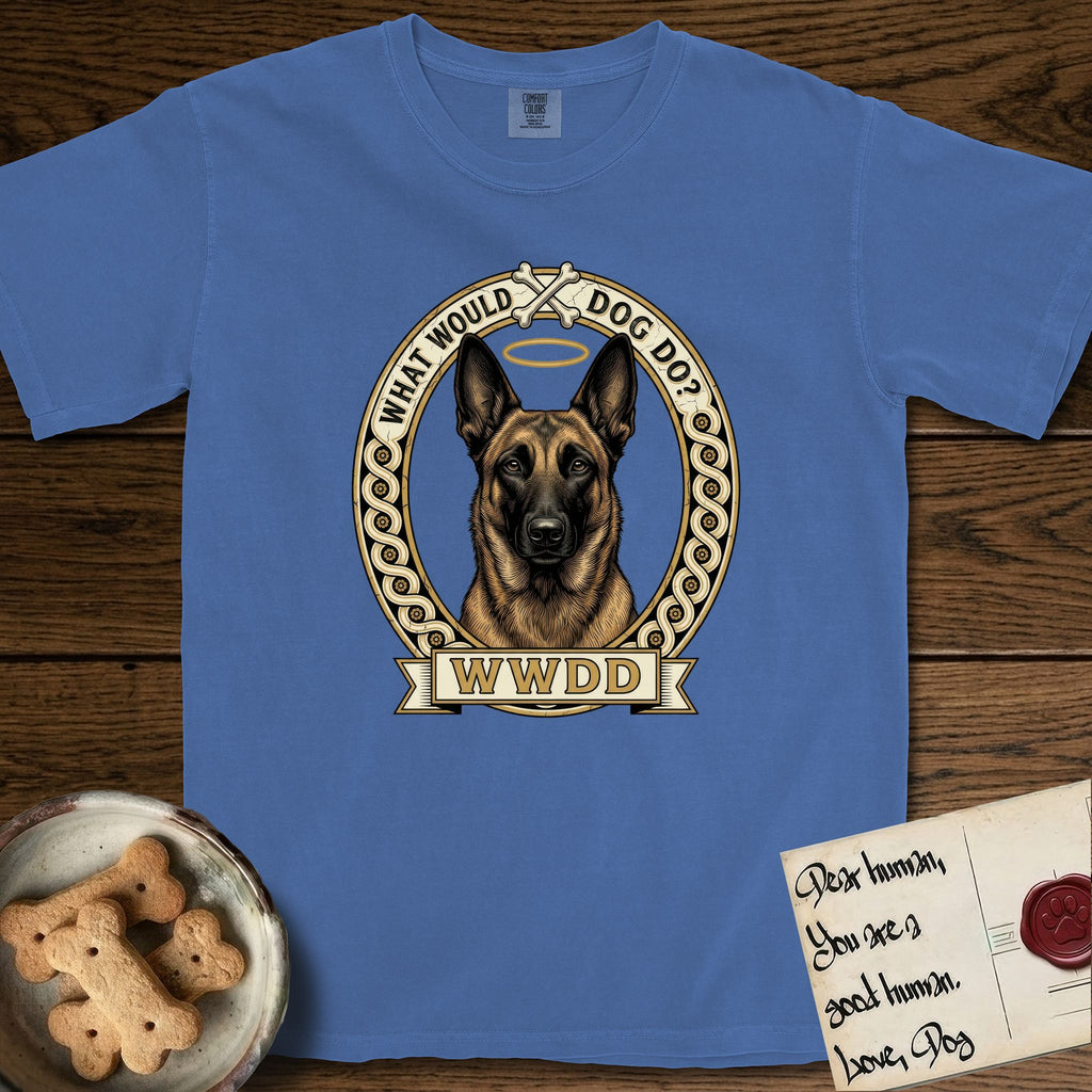 What Would Dog Do Belgian Malinois T-Shirt flat lay in Mystic Blue, featuring a vintage gold portrait medallion of a haloed Belgian Malinois in an ornamental rosette-scroll border with the question What Would Dog Do.