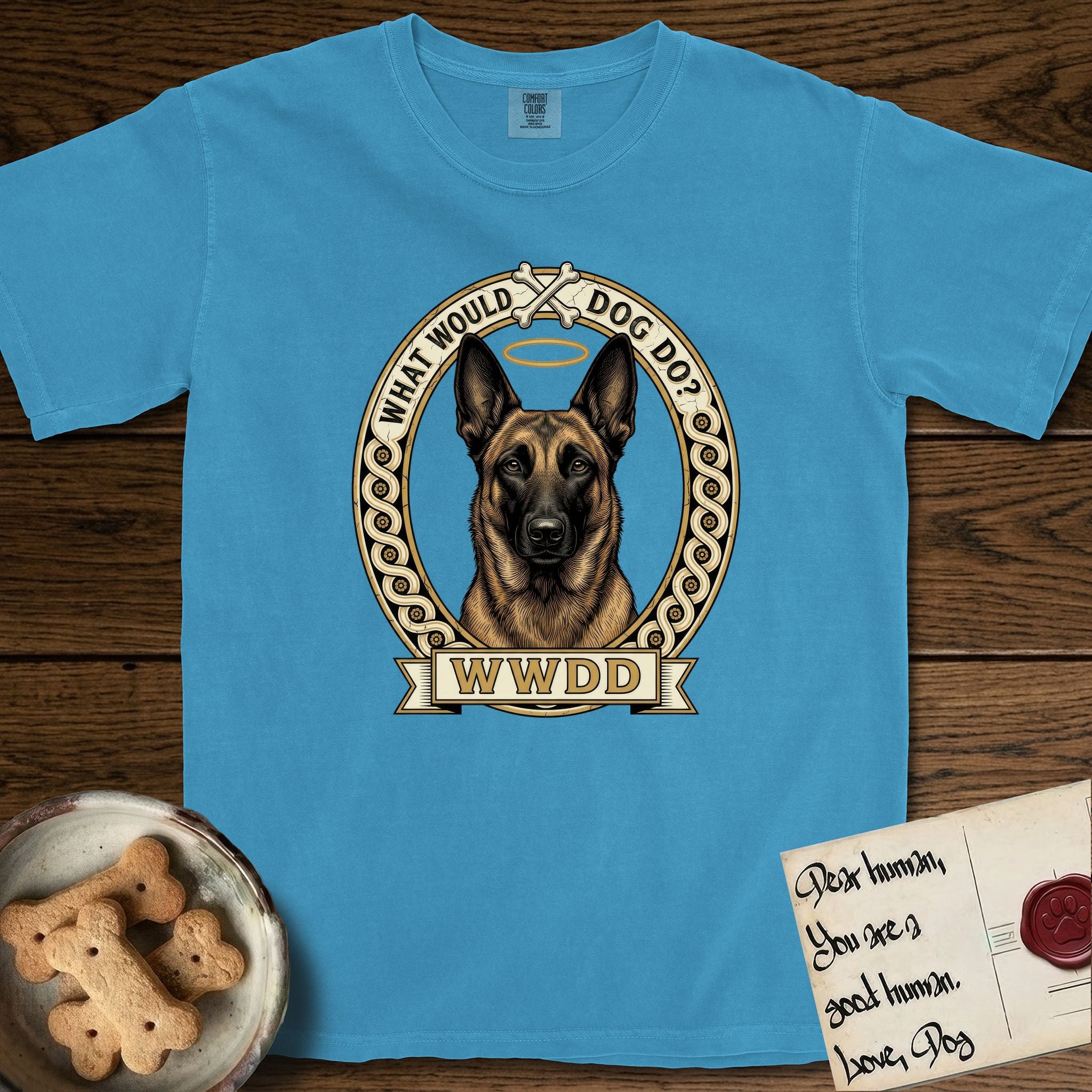 What Would Dog Do Belgian Malinois T-Shirt flat lay in Royal Caribe, featuring a vintage gold portrait medallion of a haloed Belgian Malinois in an ornamental rosette-scroll border with the question What Would Dog Do.
