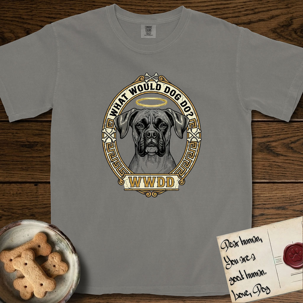What Would Dog Do Boxer T-Shirt flat lay in Grey, featuring a Greek-key bordered gold portrait medallion of a haloed Boxer with natural uncropped ears and the question What Would Dog Do.