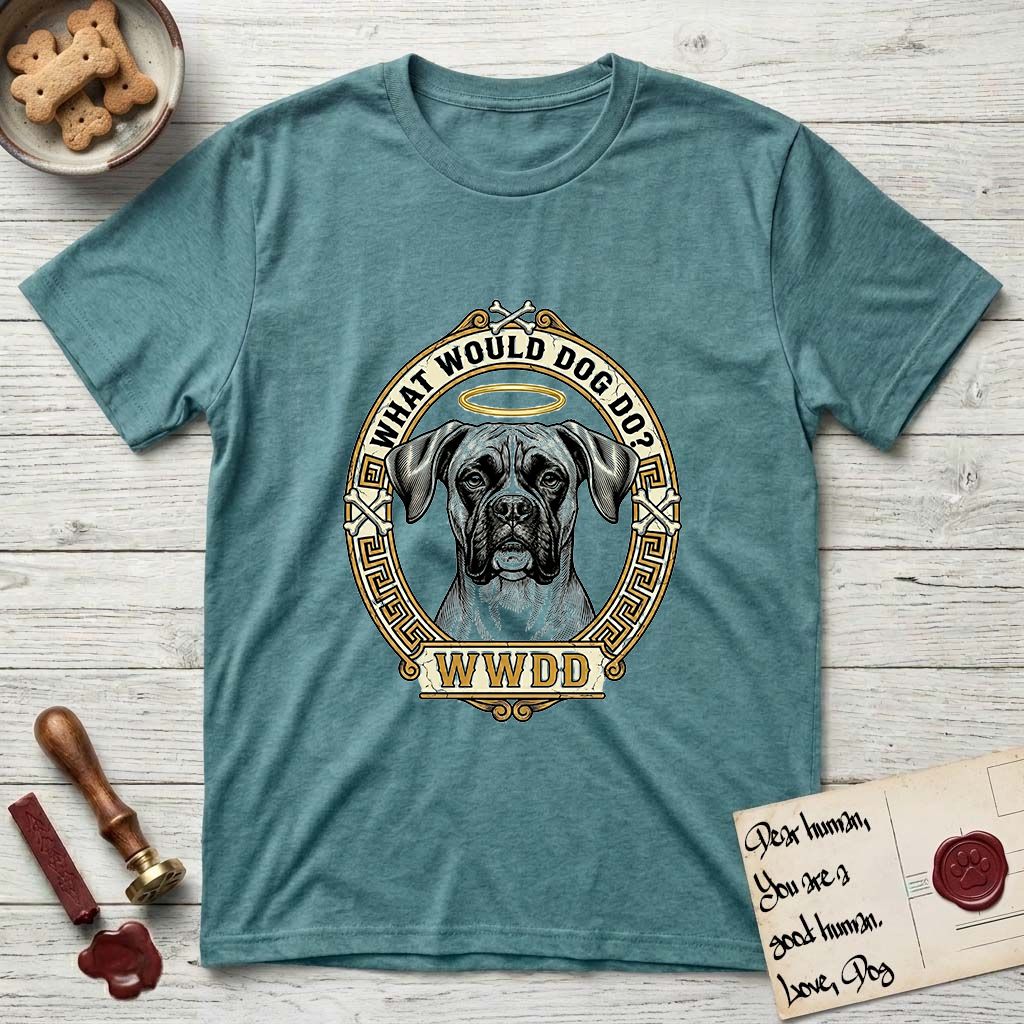 What Would Dog Do Boxer T-Shirt flat lay in Heather Galapagos Blue, featuring a Greek-key bordered gold portrait medallion of a haloed Boxer with natural uncropped ears and the question What Would Dog Do.