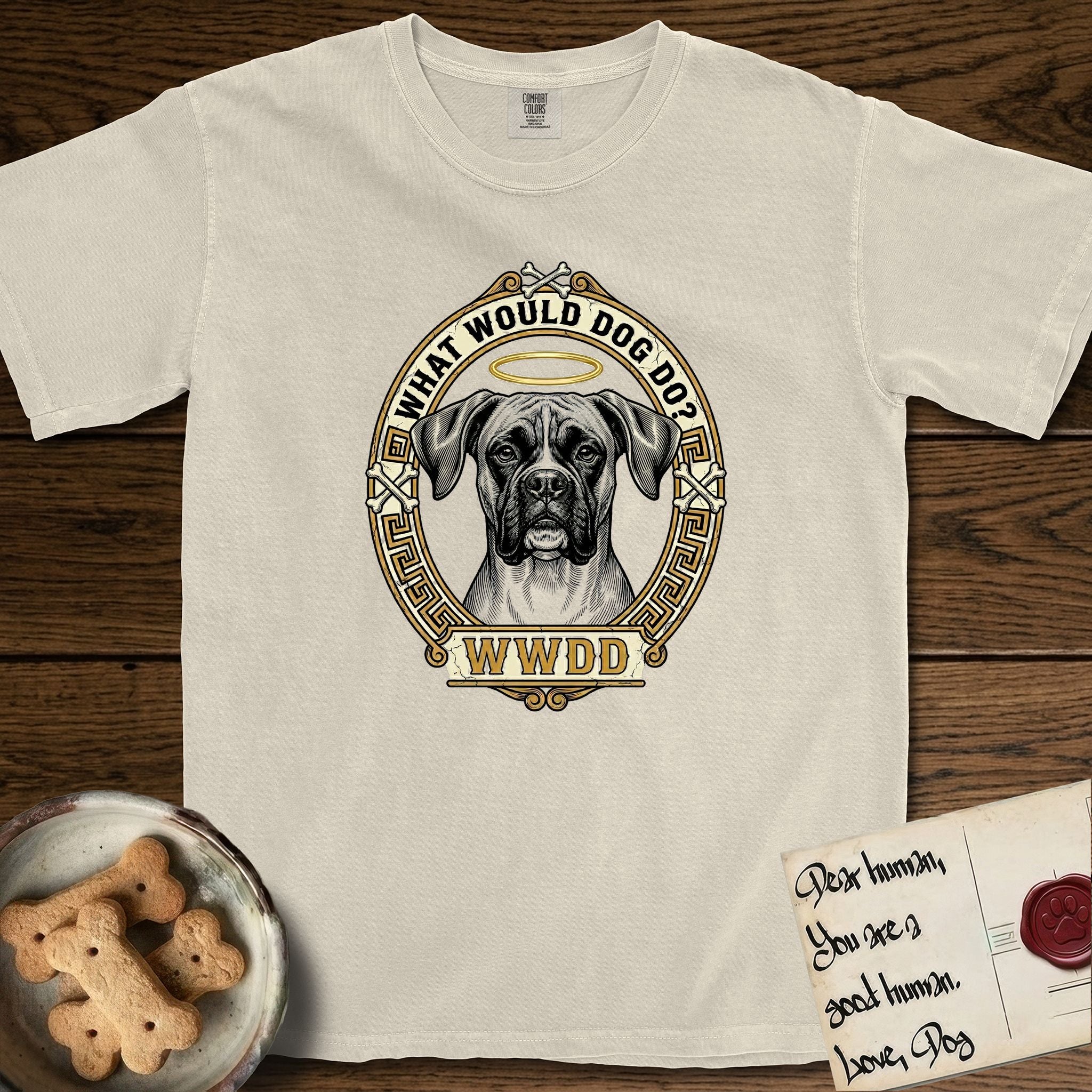 What Would Dog Do Boxer T-Shirt flat lay in Ivory, featuring a Greek-key bordered gold portrait medallion of a haloed Boxer with natural uncropped ears and the question What Would Dog Do.