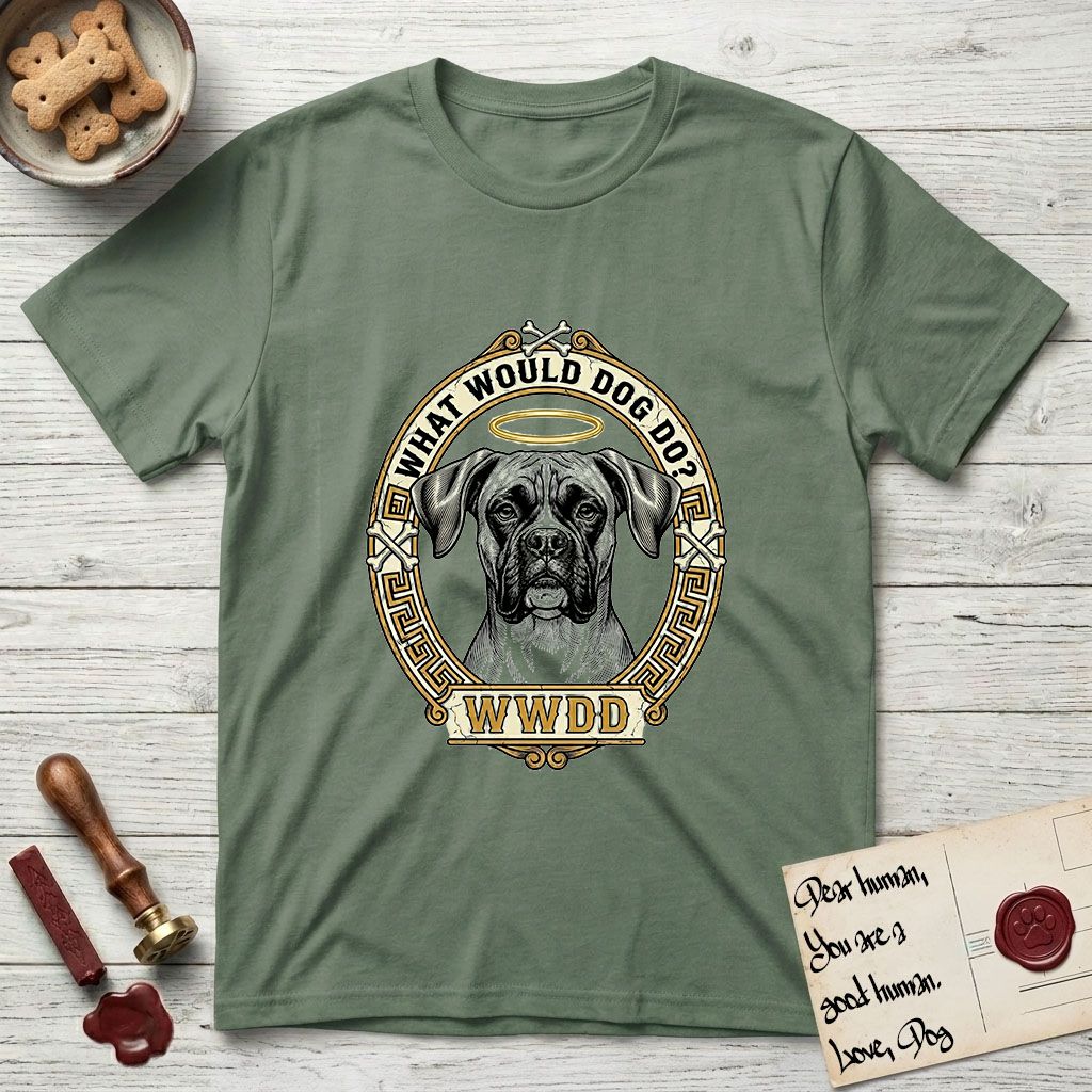 What Would Dog Do Boxer T-Shirt flat lay in Military Green, featuring a Greek-key bordered gold portrait medallion of a haloed Boxer with natural uncropped ears and the question What Would Dog Do.