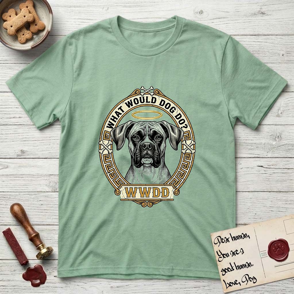 What Would Dog Do Boxer T-Shirt flat lay in Mint Green, featuring a Greek-key bordered gold portrait medallion of a haloed Boxer with natural uncropped ears and the question What Would Dog Do.