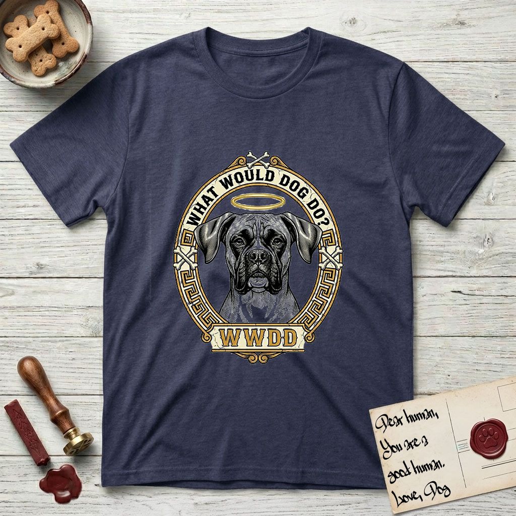 What Would Dog Do Boxer T-Shirt flat lay in Navy, featuring a Greek-key bordered gold portrait medallion of a haloed Boxer with natural uncropped ears and the question What Would Dog Do.