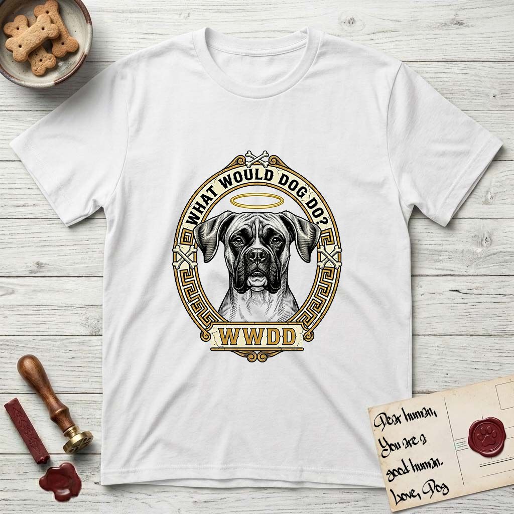 What Would Dog Do Boxer T-Shirt flat lay in White, featuring a Greek-key bordered gold portrait medallion of a haloed Boxer with natural uncropped ears and the question What Would Dog Do.
