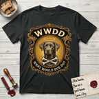What Would Dog Do Chocolate Lab T-Shirt flat lay in Black, featuring a baroque gold ornate portrait medallion of a haloed Chocolate Lab with the question What Would Dog Do.