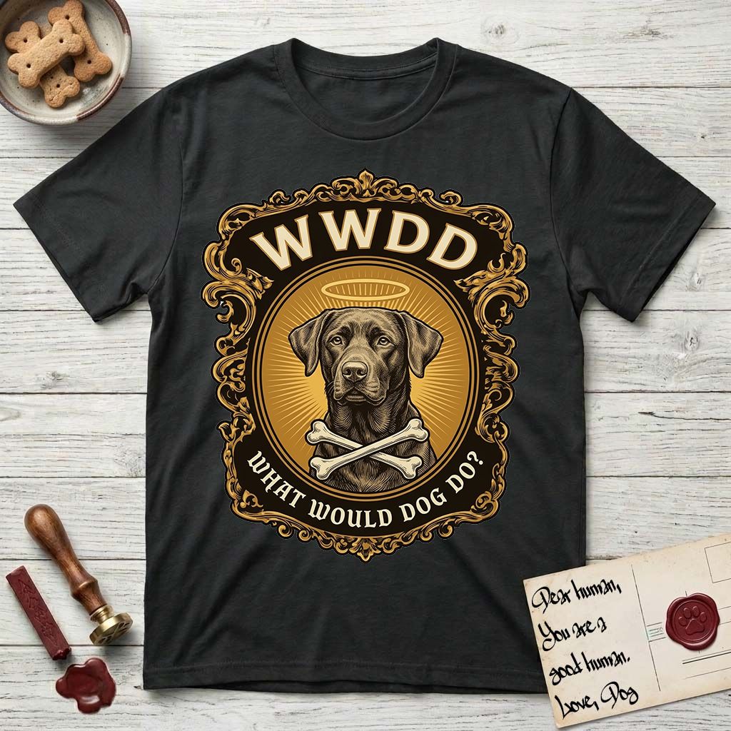 What Would Dog Do Chocolate Lab T-Shirt flat lay in Black, featuring a baroque gold ornate portrait medallion of a haloed Chocolate Lab with the question What Would Dog Do.