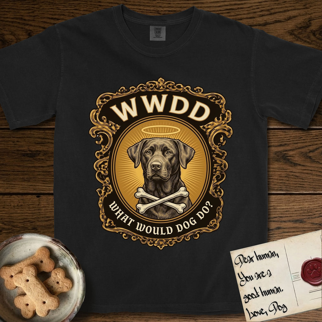 What Would Dog Do Chocolate Lab T-Shirt flat lay in Black, featuring a baroque gold ornate portrait medallion of a haloed Chocolate Lab with the question What Would Dog Do.