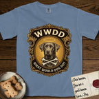 What Would Dog Do Chocolate Lab T-Shirt flat lay in Blue Jean, featuring a baroque gold ornate portrait medallion of a haloed Chocolate Lab with the question What Would Dog Do.