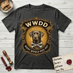 What Would Dog Do Chocolate Lab T-Shirt flat lay in Charcoal, featuring a baroque gold ornate portrait medallion of a haloed Chocolate Lab with the question What Would Dog Do.