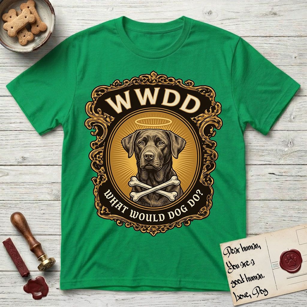 What Would Dog Do Chocolate Lab T-Shirt flat lay in Irish Green, featuring a baroque gold ornate portrait medallion of a haloed Chocolate Lab with the question What Would Dog Do.