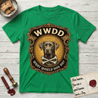 What Would Dog Do Chocolate Lab T-Shirt flat lay in Irish Green, featuring a baroque gold ornate portrait medallion of a haloed Chocolate Lab with the question What Would Dog Do.