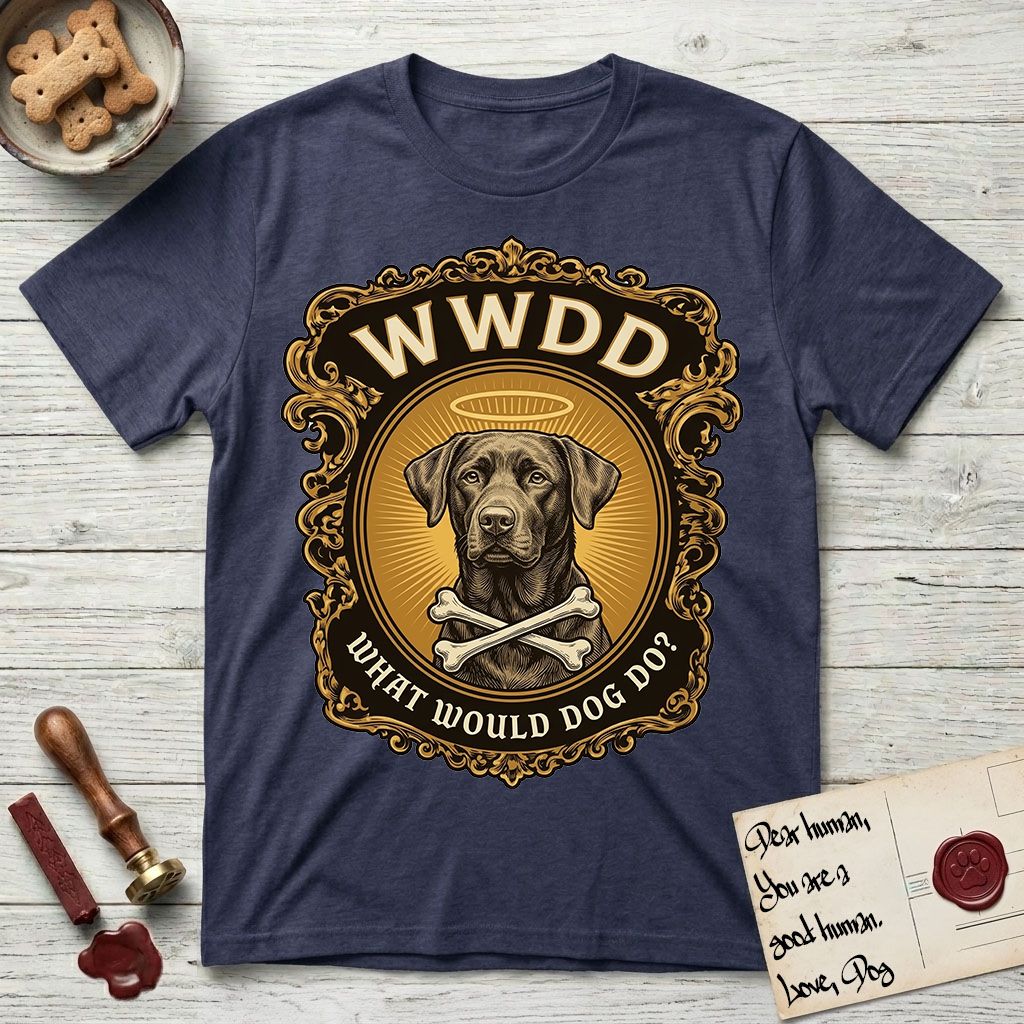 What Would Dog Do Chocolate Lab T-Shirt flat lay in Navy, featuring a baroque gold ornate portrait medallion of a haloed Chocolate Lab with the question What Would Dog Do.