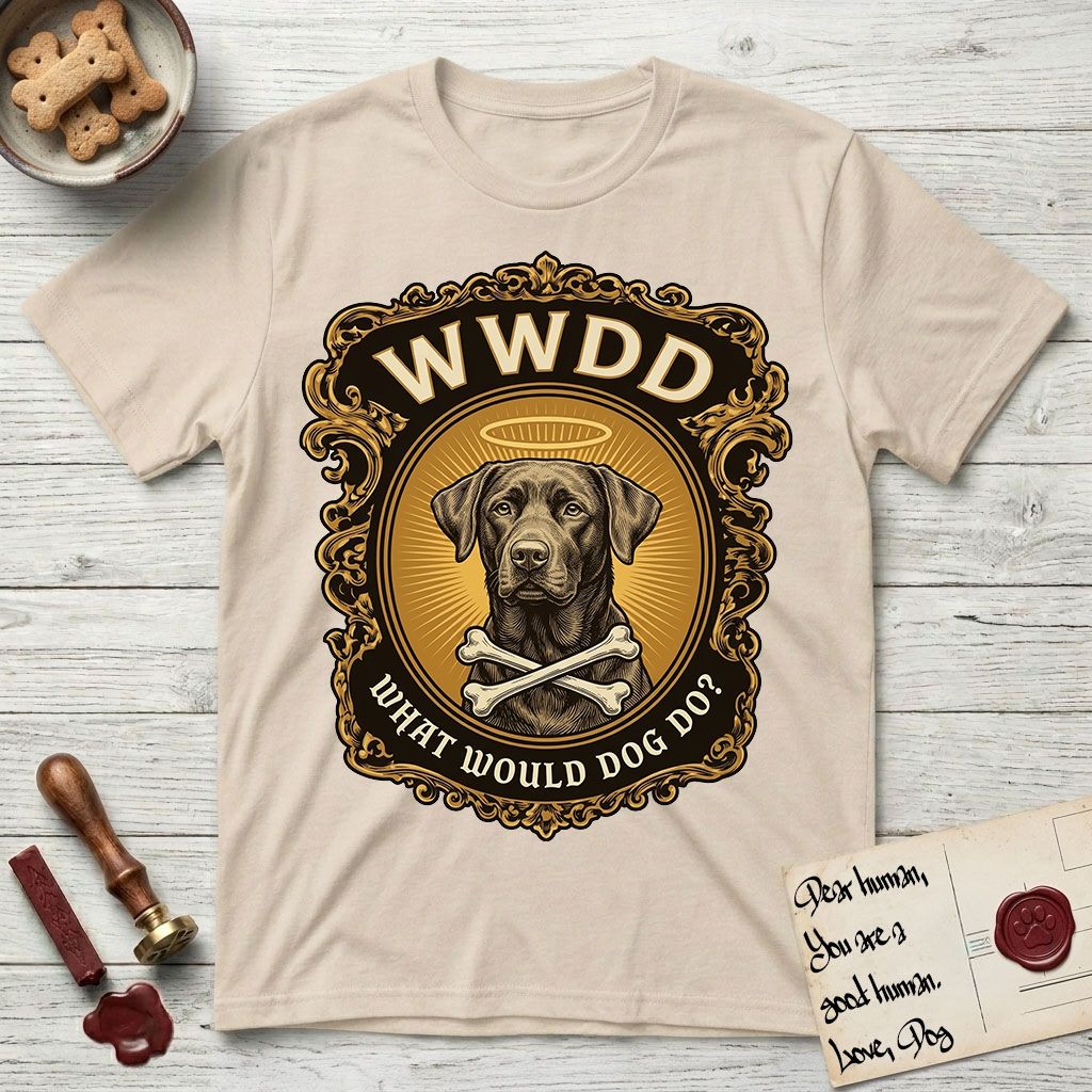 What Would Dog Do Chocolate Lab T-Shirt flat lay in Sand, featuring a baroque gold ornate portrait medallion of a haloed Chocolate Lab with the question What Would Dog Do.