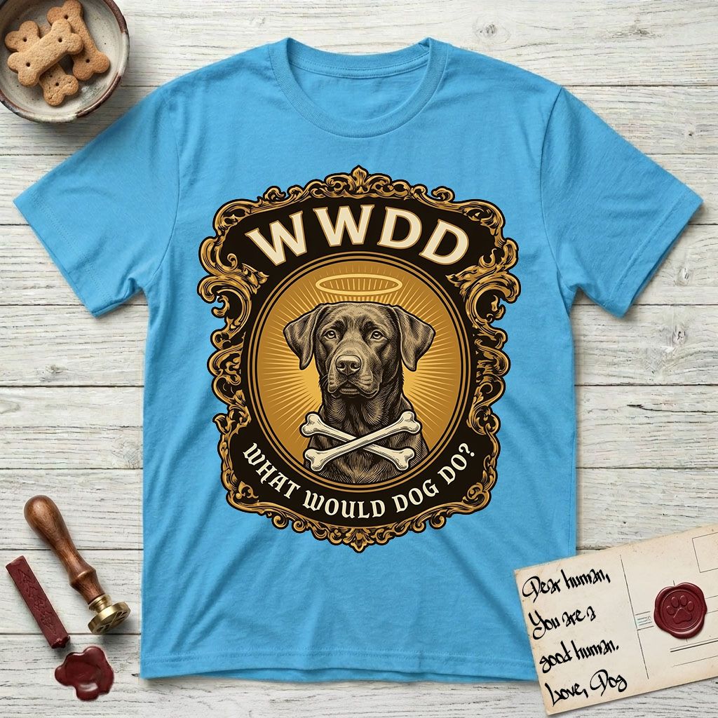 What Would Dog Do Chocolate Lab T-Shirt flat lay in Sky, featuring a baroque gold ornate portrait medallion of a haloed Chocolate Lab with the question What Would Dog Do.