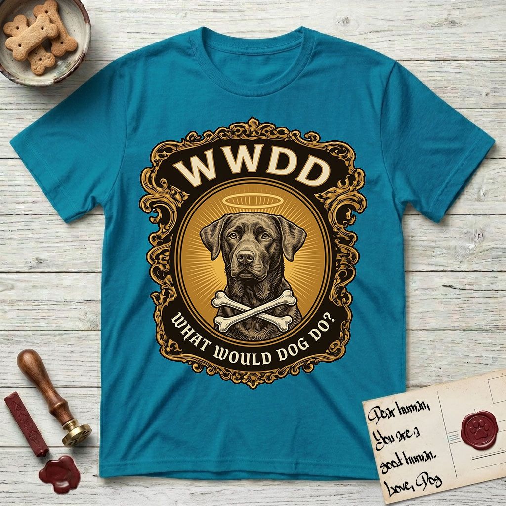 What Would Dog Do Chocolate Lab T-Shirt flat lay in Tropical Blue, featuring a baroque gold ornate portrait medallion of a haloed Chocolate Lab with the question What Would Dog Do.