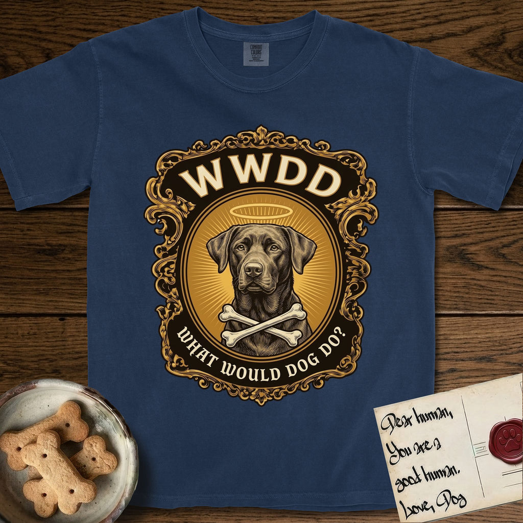 What Would Dog Do Chocolate Lab T-Shirt flat lay in True Navy, featuring a baroque gold ornate portrait medallion of a haloed Chocolate Lab with the question What Would Dog Do.