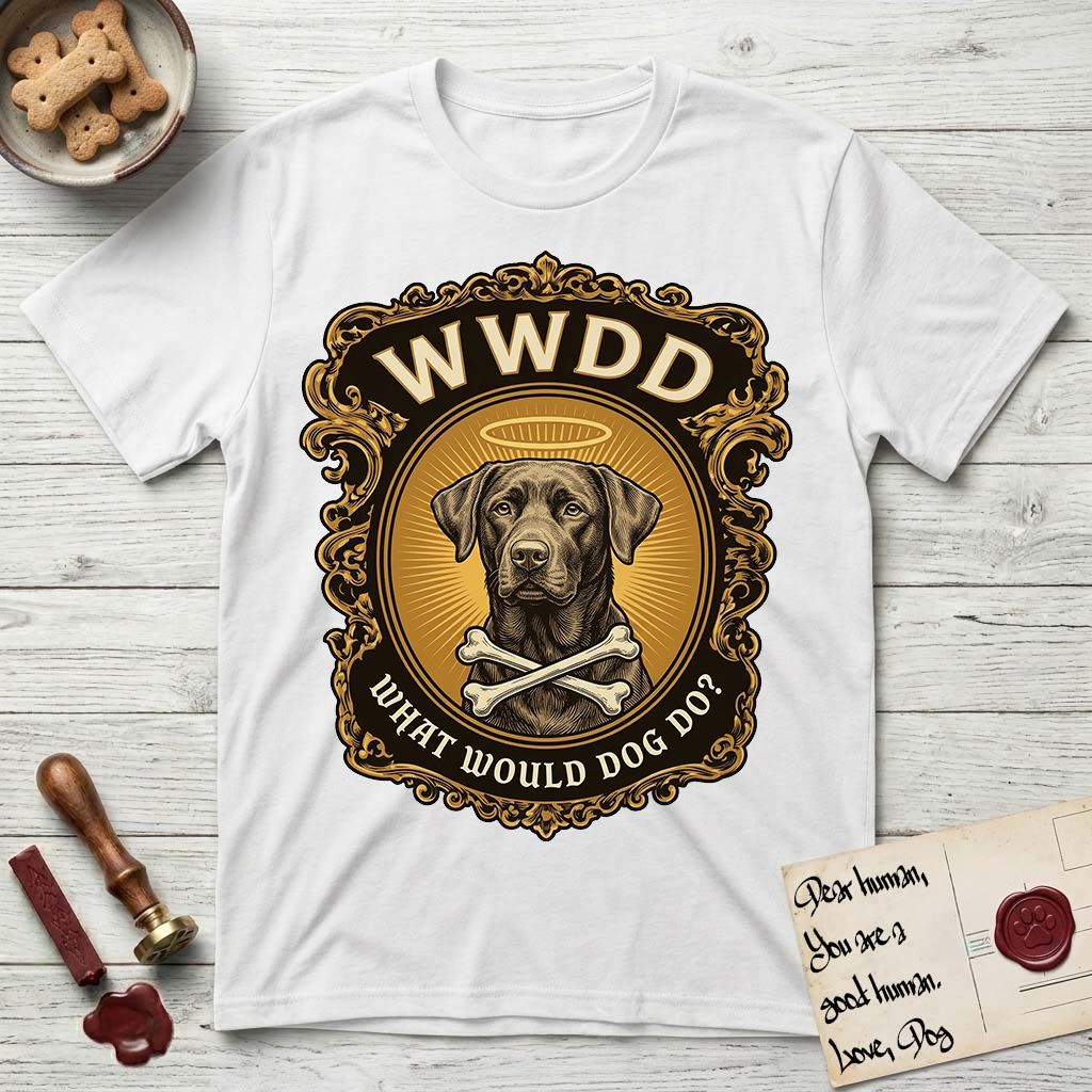 What Would Dog Do Chocolate Lab T-Shirt flat lay in White, featuring a baroque gold ornate portrait medallion of a haloed Chocolate Lab with the question What Would Dog Do.