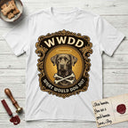 What Would Dog Do Chocolate Lab T-Shirt flat lay in White, featuring a baroque gold ornate portrait medallion of a haloed Chocolate Lab with the question What Would Dog Do.