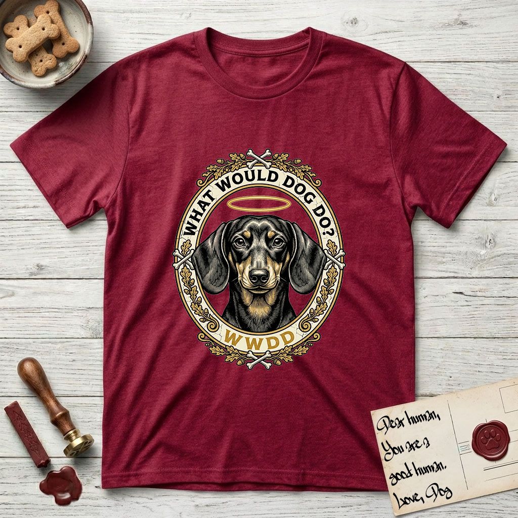 What Would Dog Do Dachshund T-Shirt flat lay in Antique Cherry Red, featuring an oak-leaf and acorn framed gold portrait medallion of a haloed Dachshund with the question What Would Dog Do.