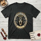 What Would Dog Do Dachshund T-Shirt flat lay in Black, featuring an oak-leaf and acorn framed gold portrait medallion of a haloed Dachshund with the question What Would Dog Do.