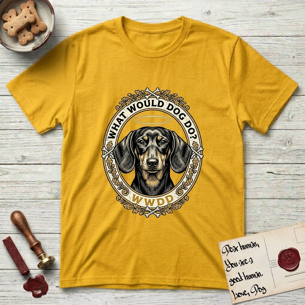 What Would Dog Do Dachshund T-Shirt flat lay in Daisy, featuring an oak-leaf and acorn framed gold portrait medallion of a haloed Dachshund with the question What Would Dog Do.
