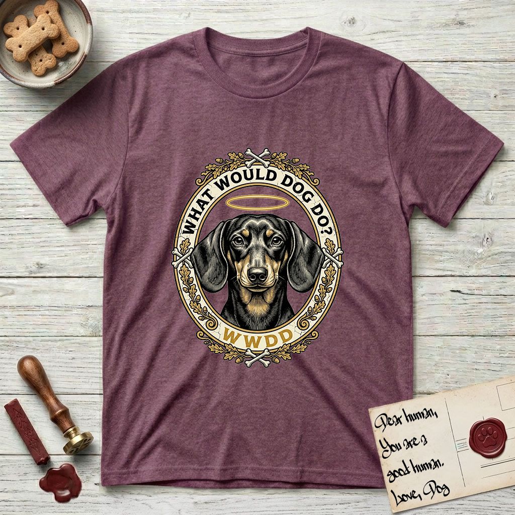 What Would Dog Do Dachshund T-Shirt flat lay in Heather Maroon, featuring an oak-leaf and acorn framed gold portrait medallion of a haloed Dachshund with the question What Would Dog Do.