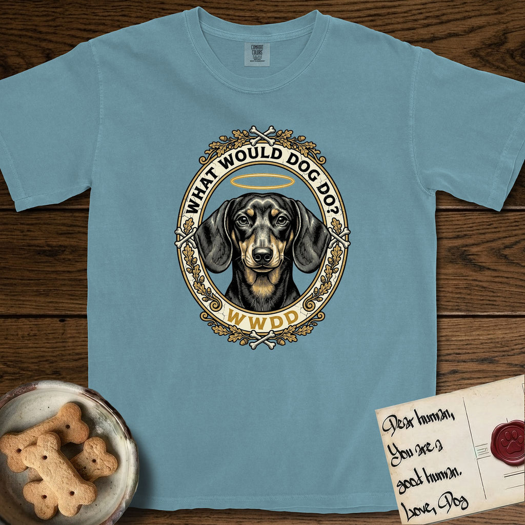 What Would Dog Do Dachshund T-Shirt flat lay in Ice Blue, featuring an oak-leaf and acorn framed gold portrait medallion of a haloed Dachshund with the question What Would Dog Do.