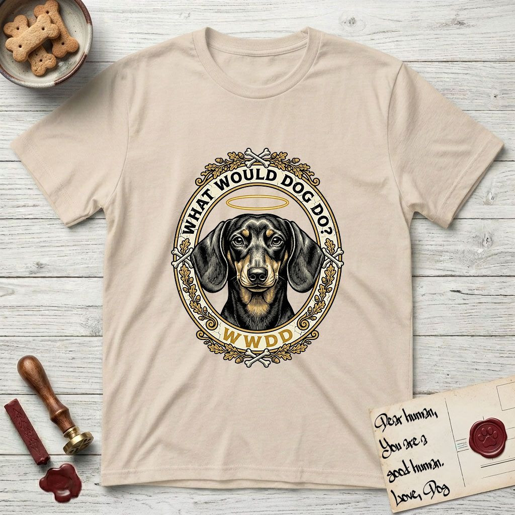 What Would Dog Do Dachshund T-Shirt flat lay in Sand, featuring an oak-leaf and acorn framed gold portrait medallion of a haloed Dachshund with the question What Would Dog Do.