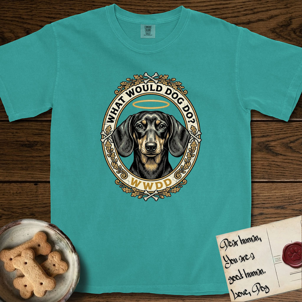What Would Dog Do Dachshund T-Shirt flat lay in Seafoam, featuring an oak-leaf and acorn framed gold portrait medallion of a haloed Dachshund with the question What Would Dog Do.