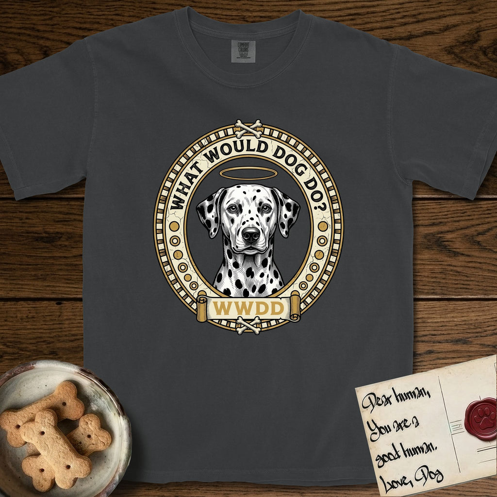 What Would Dog Do Dalmatian T-Shirt flat lay in Graphite, featuring a vintage gold portrait medallion of a haloed Dalmatian in an engraved coin-style dotted border with the question What Would Dog Do.
